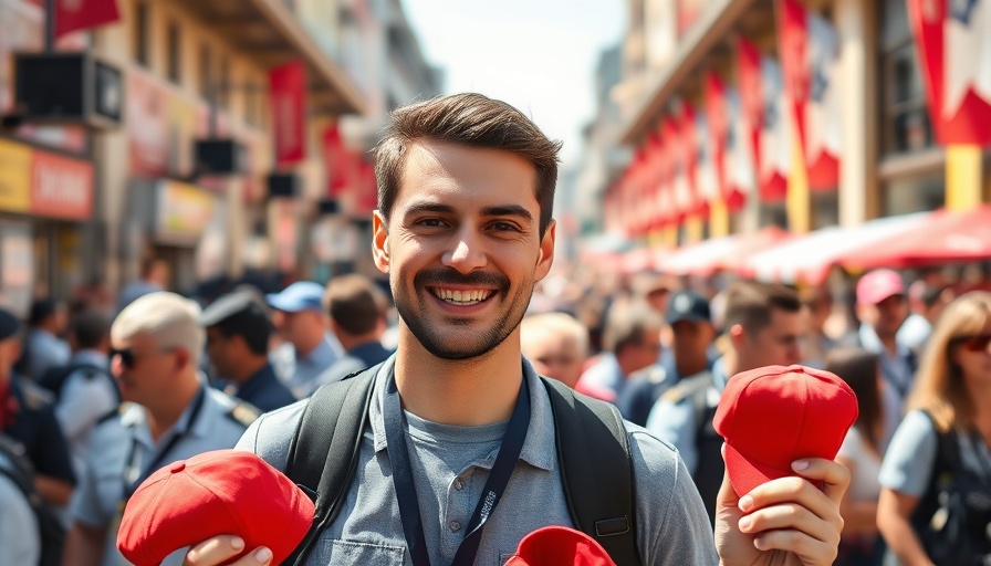 Charismatic man holding caps at lively outdoor event, surrounded by crowd.