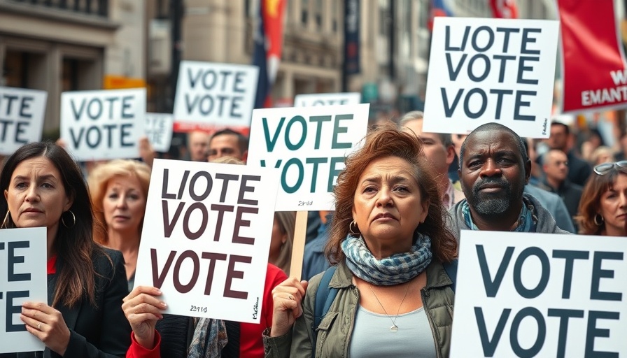 Diverse voters holding protest signs expressing distrust in US politics.