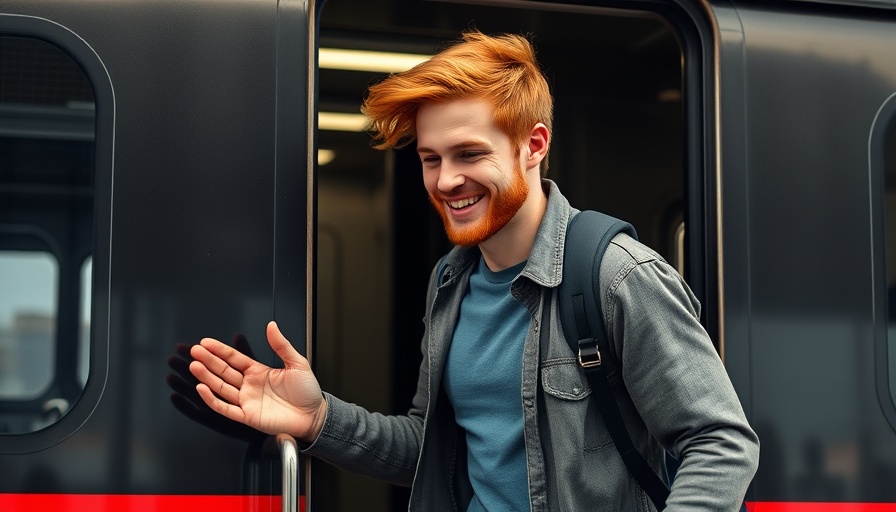Casual man in a jacket greeting someone at a train entrance in Ukraine.