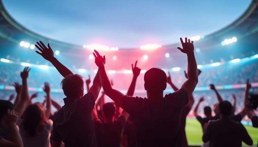 Silhouetted football fans celebrating vibrant stadium background.