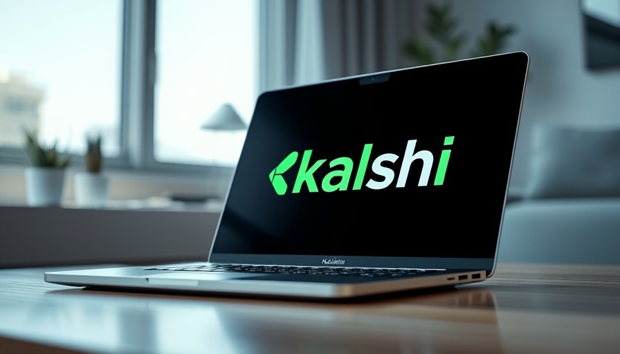 Laptop displaying Kalshi logo, minimalistic setup.