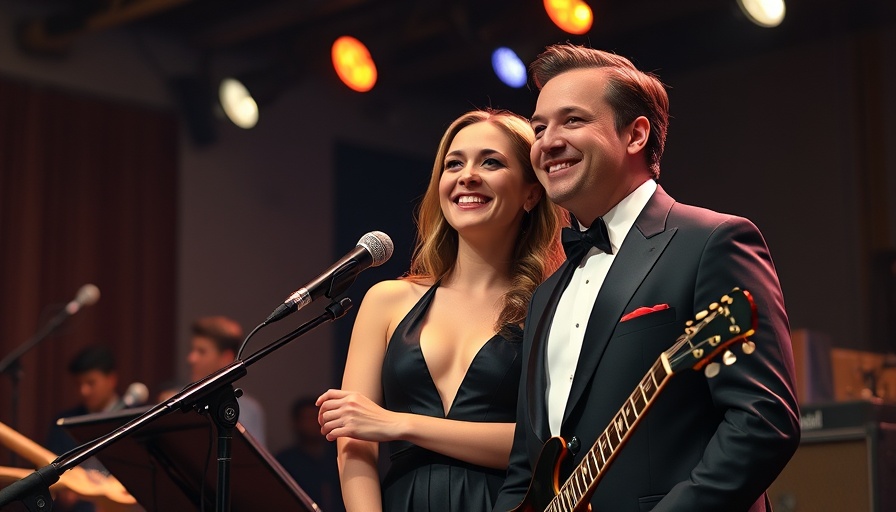 Elegant couple smiling on stage during a musical event.