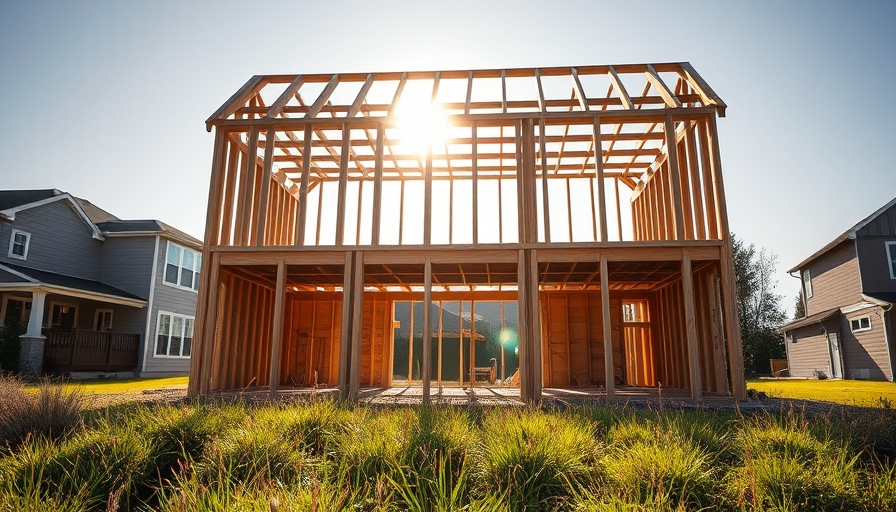 Wooden house frame under construction highlighting economic activity.