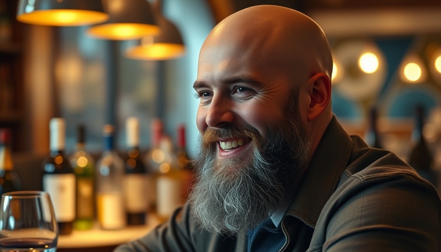 Bald man in restaurant with wine, Baltimore culinary scene.