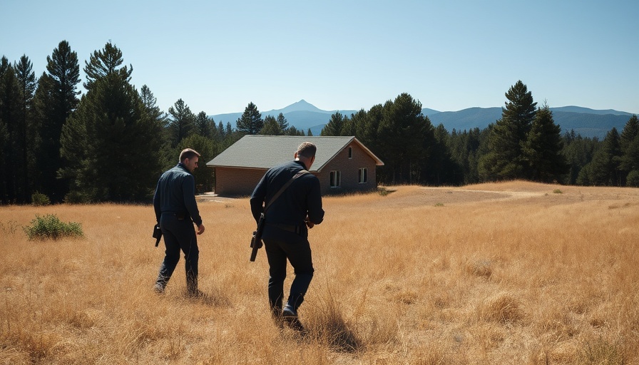 Investigators search a field near a house, clear sky background.