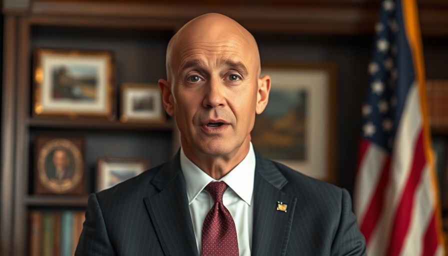 Bald man in suit speaking, indoor setting with flag backdrop.