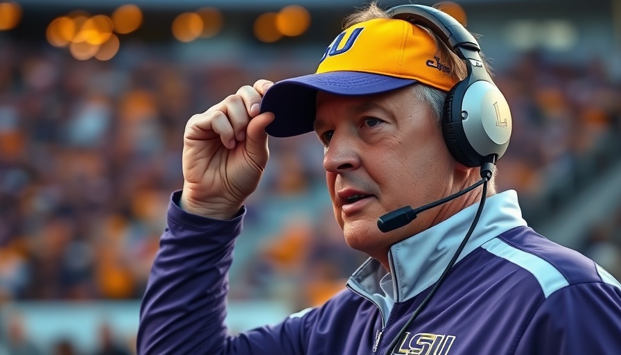 LSU football coach adjusting cap during game
