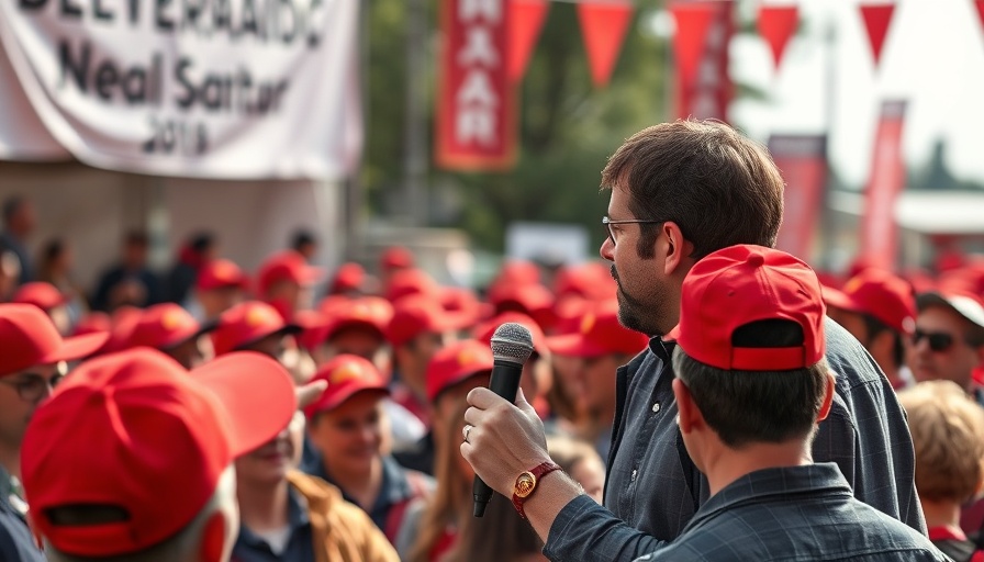 Young man speaking at outdoor event, crowd in red hats, event banners.