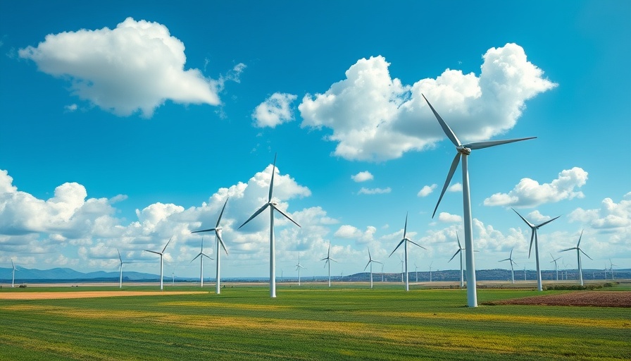 Wind turbines generating energy under a blue sky; cheapest form of energy.
