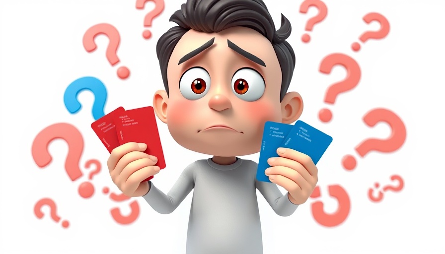Confused cartoon character with business credit cards