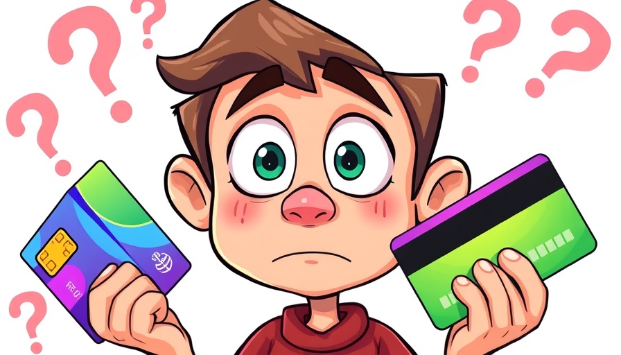 Confused cartoon character comparing business credit cards.