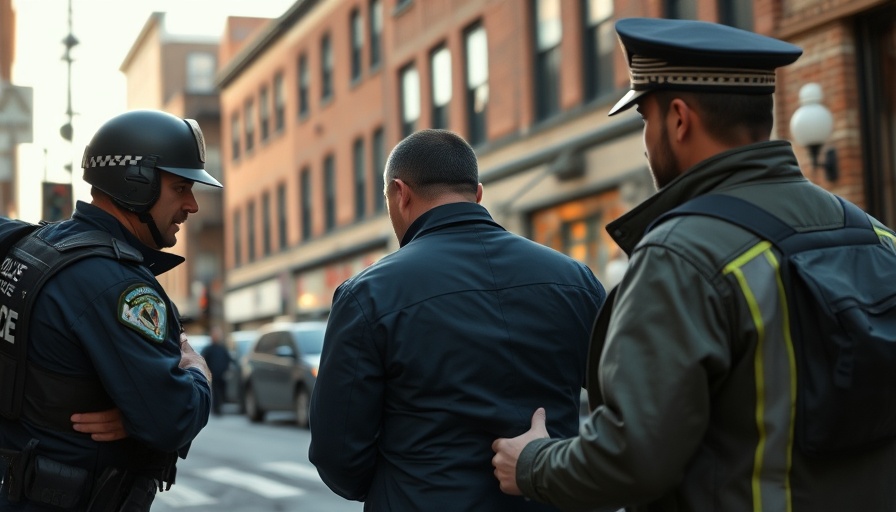 Law enforcement officer detaining a man, city street, immigration law enforcement warrants