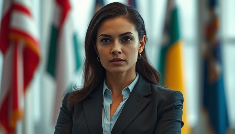 Confident woman in professional attire standing in official setting.