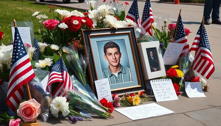 Memorial with photo and flowers for Charlie Kirk shooting suspect charged with murder.
