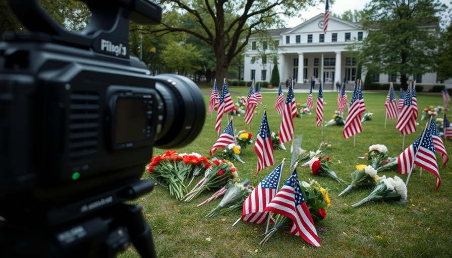 Memorial with flags and camera highlighting social media and radicalization.