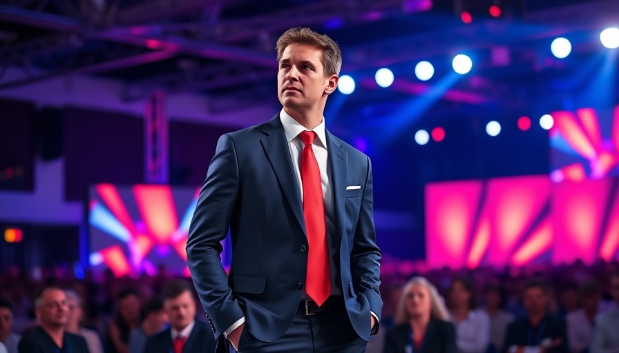 Young man in a suit speaks confidently, NFL Charlie Kirk honors, on stage with dynamic lighting.