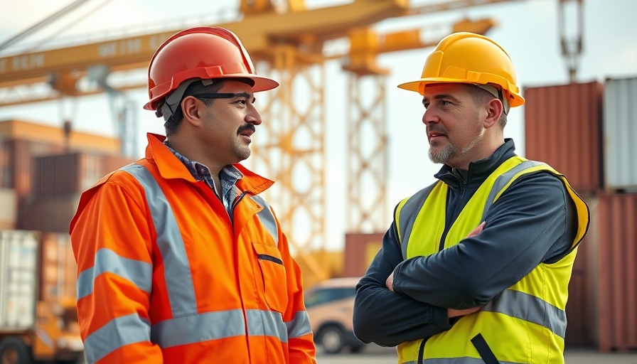 Two workers in safety gear discussing an effective onboarding process on-site.