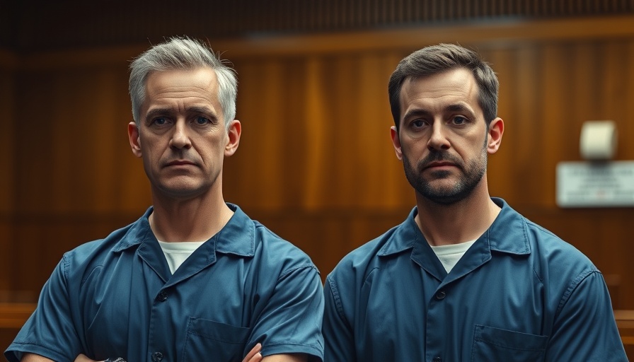 Men in blue prison uniforms in courtroom setting, serious expression.
