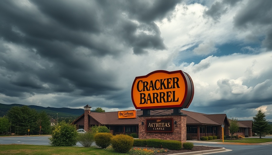 Cracker Barrel sign under dark sky, symbolizing stock concern.