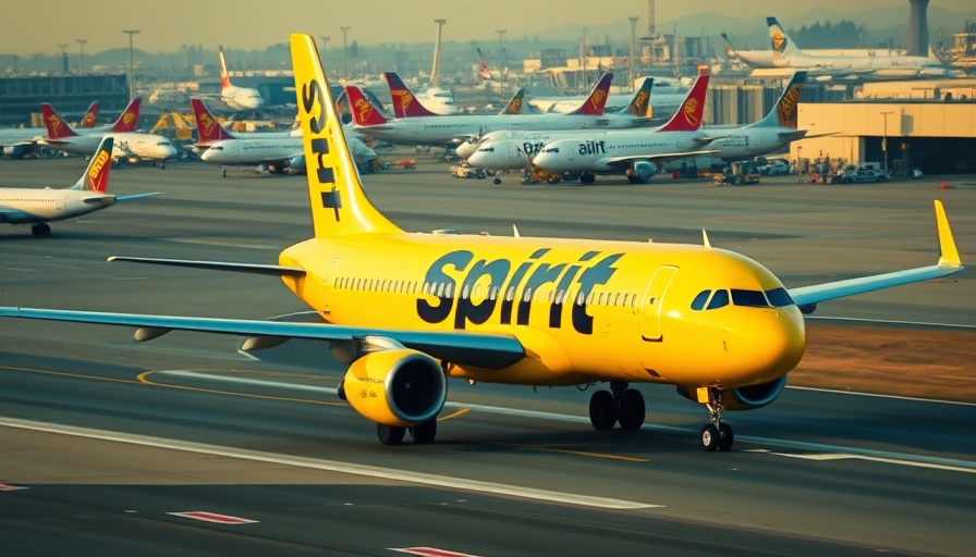 Spirit Airlines plane on runway amidst other airlines.
