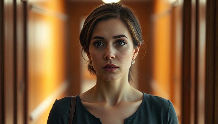 Serious woman walking in a wood-paneled hallway, focused.