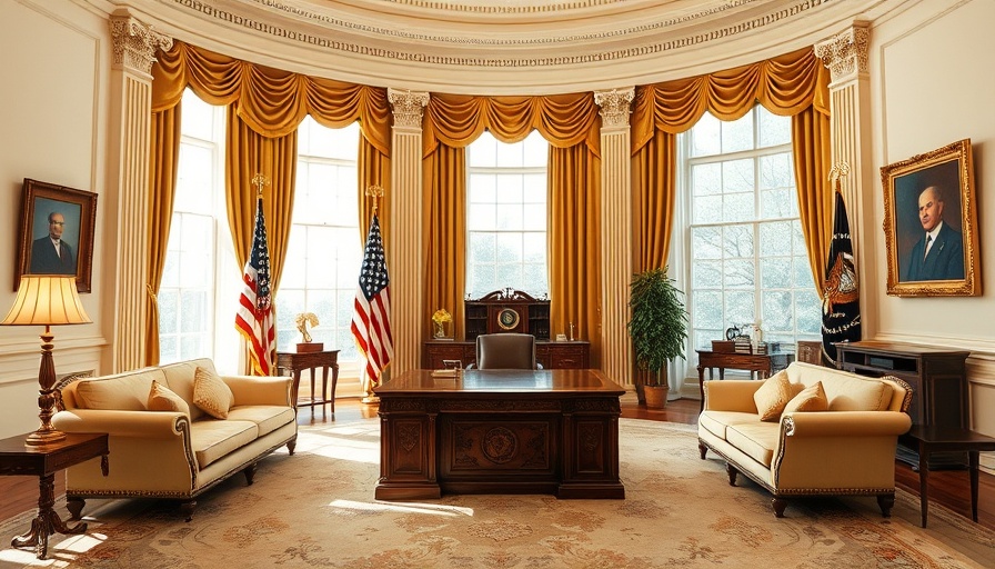 Luxurious presidential office interior with ornate desk and lush drapery.