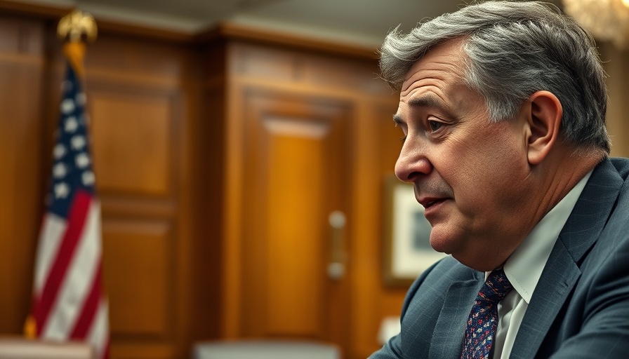 Man in an office discussing, with flag backdrop, engaged expression.