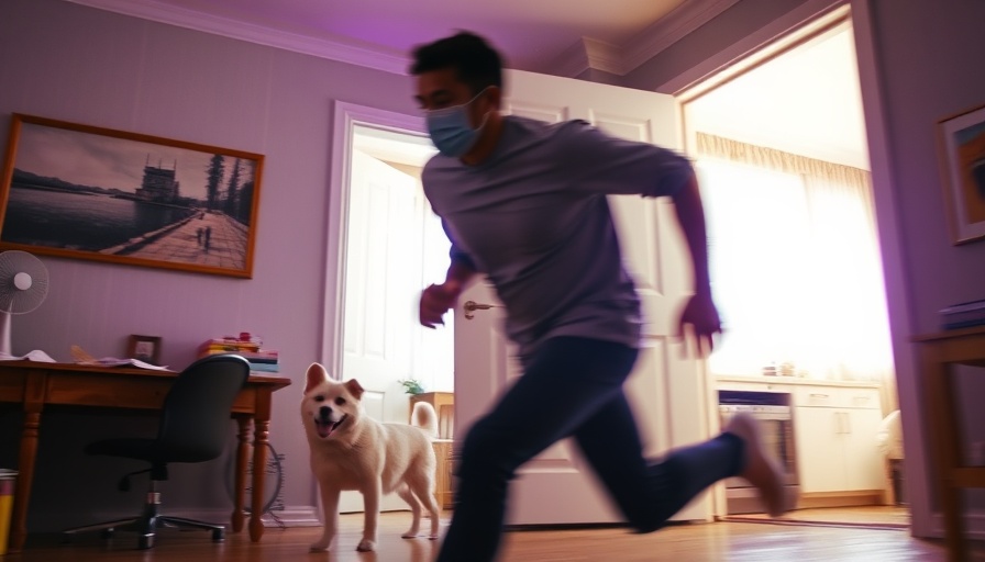 Apartment interior with a blurred figure running and a dog near an open door, West Hollywood dog abuse incident.
