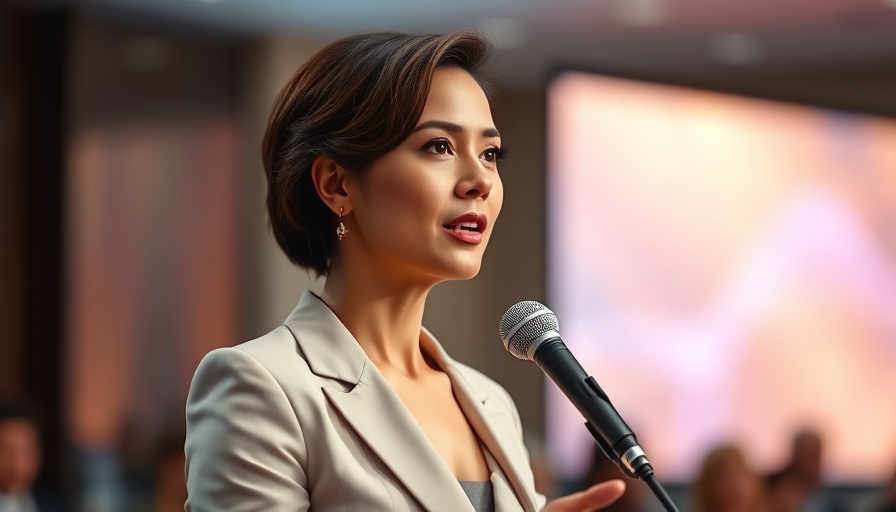 Elegantly dressed woman presenting at a conference.