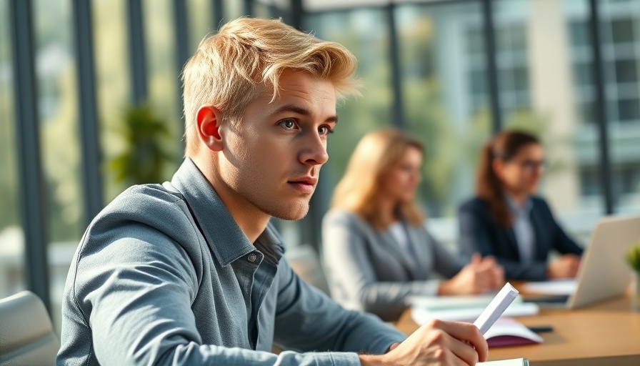 Attentive employee attending a meeting in a modern office.