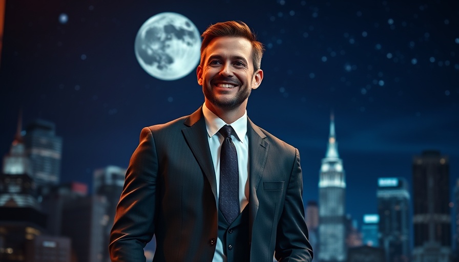 Jimmy Kimmel Returns on stage against a city skyline and night sky.