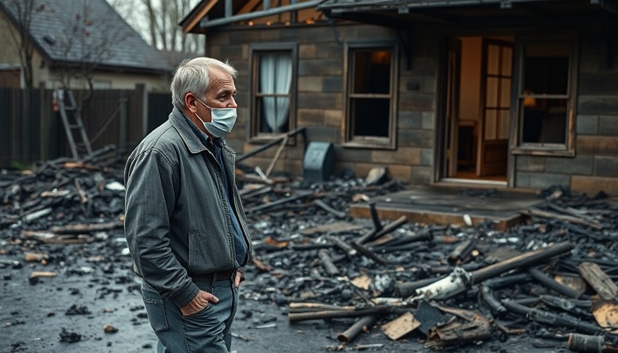 Man assesses fire-damaged home amid charred debris, highlighting challenges tied to California homeowners insurance bill of rights.