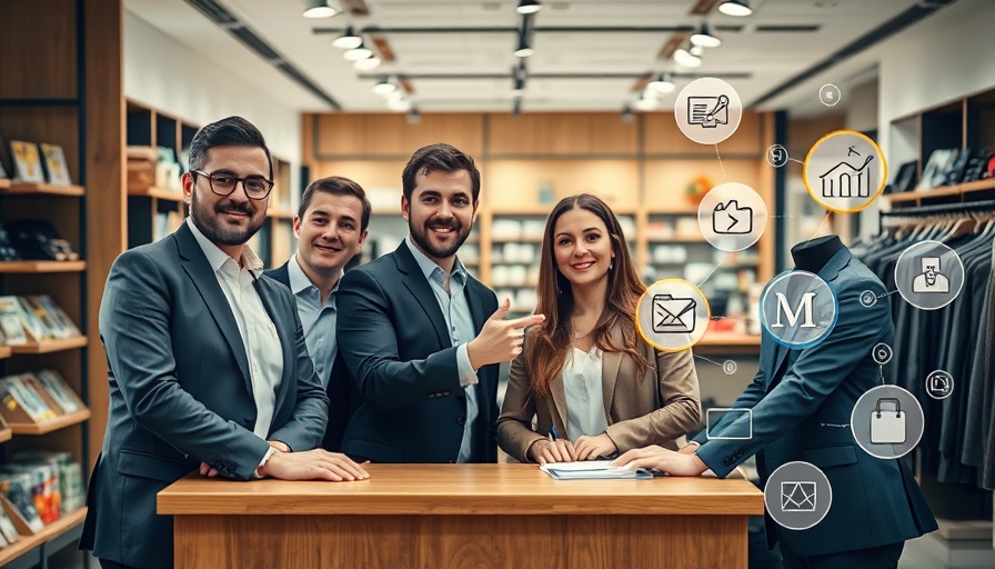 Retail professionals applying holiday marketing ideas near digital icons.