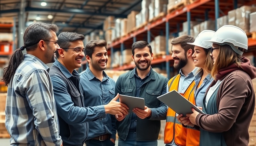 Supply chain visibility illustrated by diverse warehouse team in discussion.