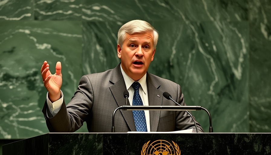 Middle-aged man giving a passionate UN speech at a podium