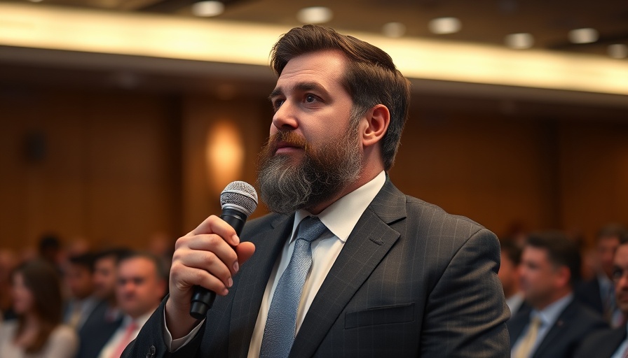 Man discussing gerrymandering at a conference.