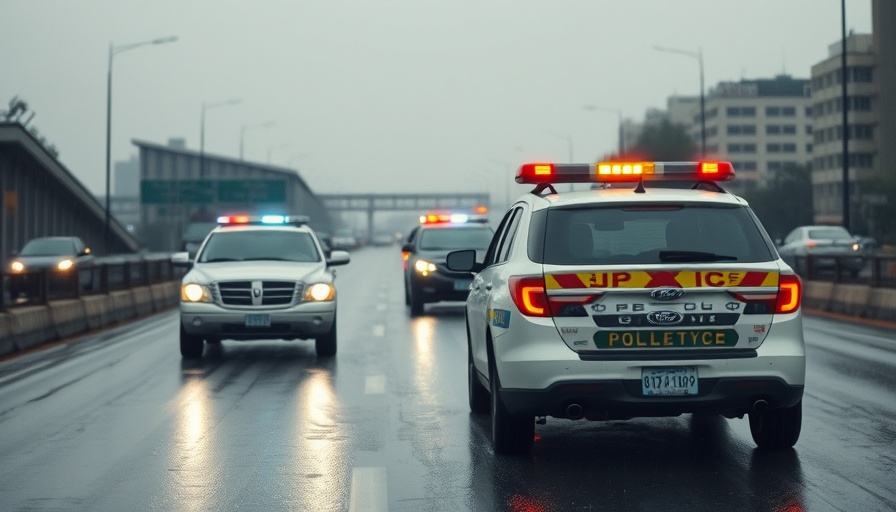 Rainy Dallas highway with police cars during ICE facility incident