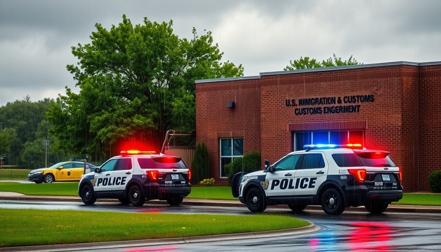 Dallas ICE shooting scene, police cars in rain at U.S. Immigration building.