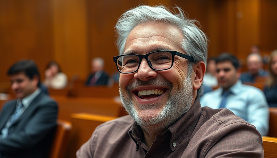 Smiling man in courtroom setting discussing wrongful conviction settlement.