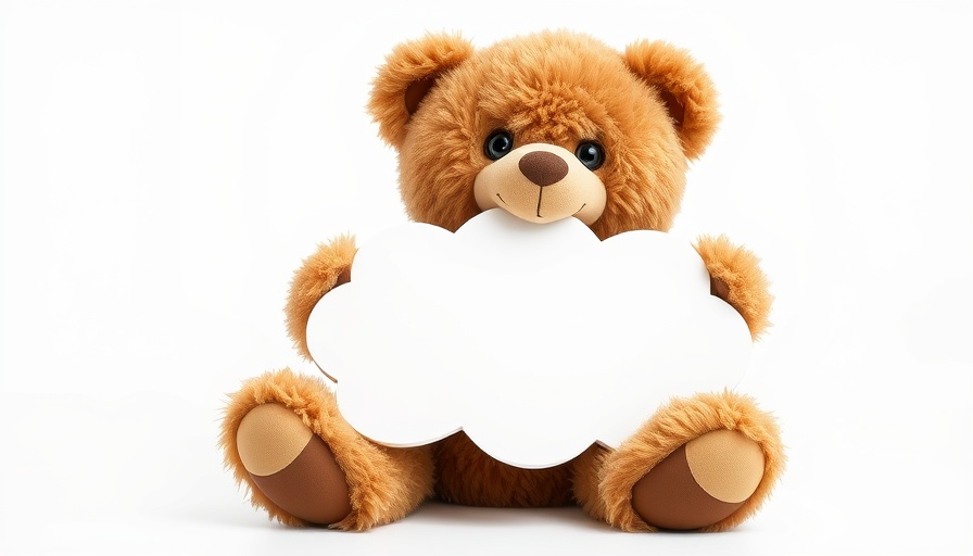 Fluffy teddy bear with blank cloud sign, perfect for messaging templates.