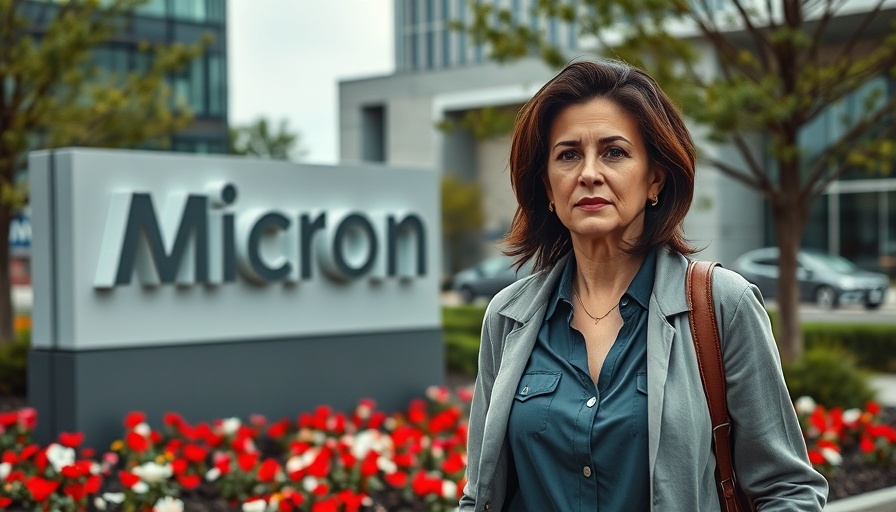 Woman walking near Micron sign in landscaped corporate park.