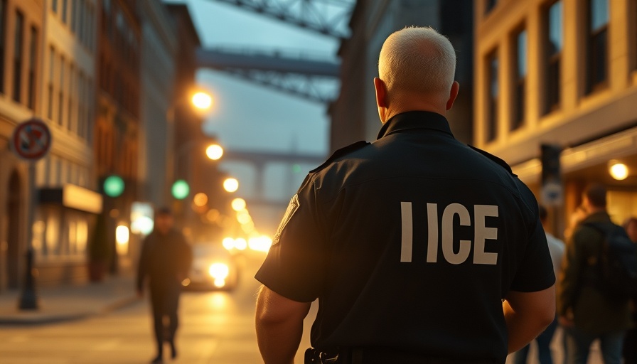 Immigration Poll Insights: ICE agent monitoring a street arrest at dusk.