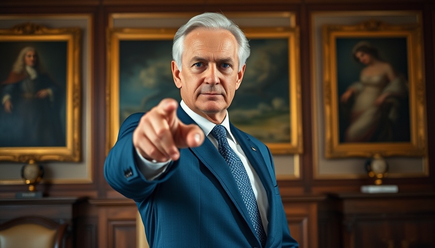 Older man in blue suit pointing in formal setting with paintings.