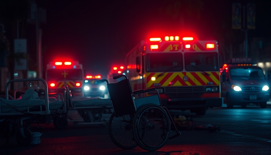 Chaotic evacuation scene with wheelchair and hospital beds under emergency lights.