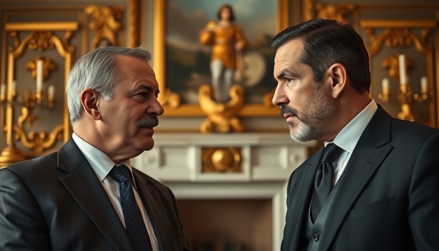 Two men in formal discussion on international topics, ornate background setting.