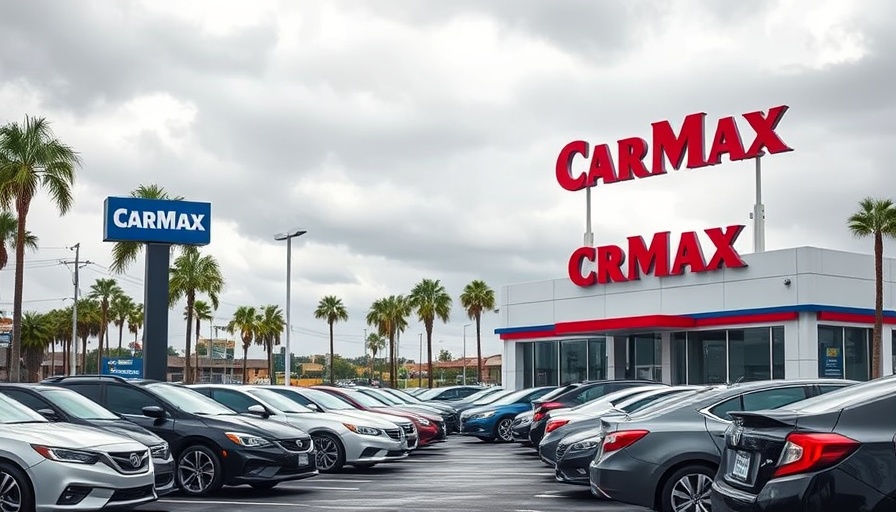 CarMax dealership with parked cars under cloudy sky.