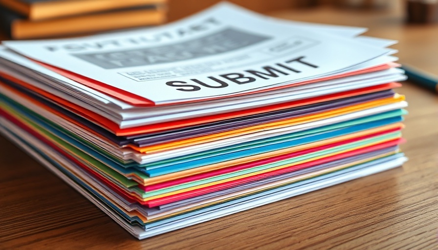 Colorful documents marked 'SUBMIT' on wood desk for EB-5 Regional Center Form I-956G.