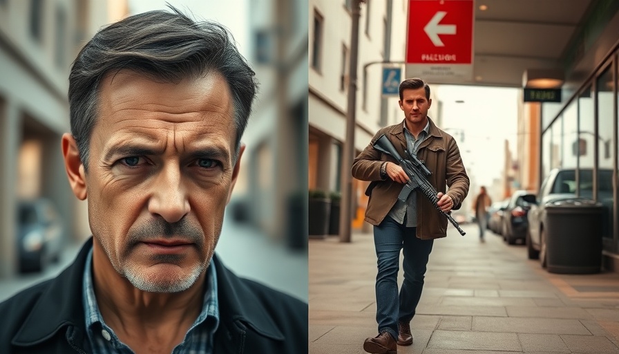 Urban scene split image with portrait and man with rifle in Midtown.