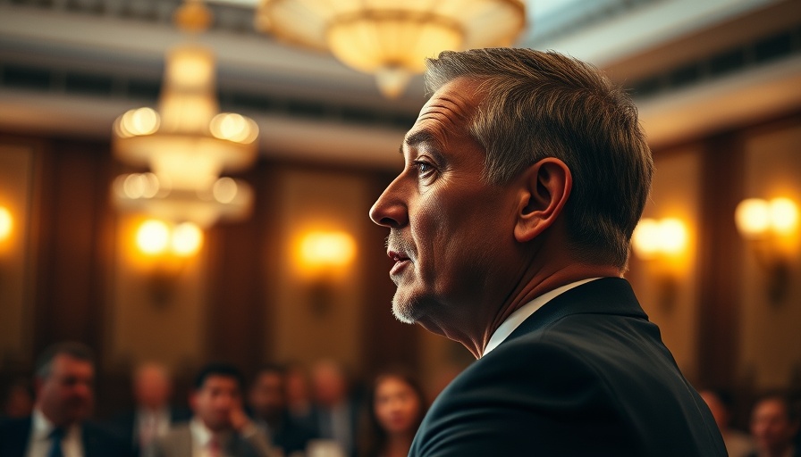 Profile of a man speaking at a conference, dramatic lighting.