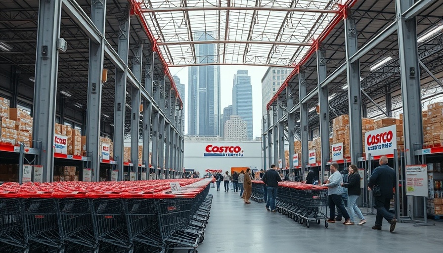 Costco storefront with shopping carts, cloudy sky, quarterly results analysis
